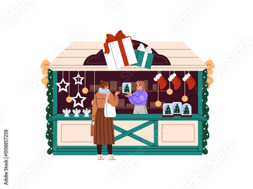 Woman chooses festive gifts in Christmas stall. Girl buys holiday present in decorated chalet. Seller sells Xmas surprises in kiosk, shop at winter market. Flat isolated vector illustrations on white