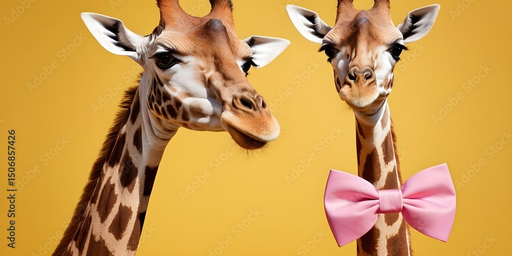 Funny Giraffe with Oversized Pink Bow Tie Whimsical Animal Portrait. for childrens products, greeting cards, posters, advertising Funny Giraffe with Oversized Pink Bow Tie Whimsical Animal Portrait. for childrens products, greeting cards, posters, advertising
