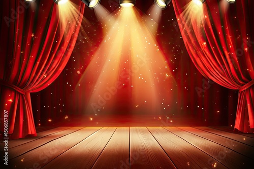 Red stage lit by spotlights