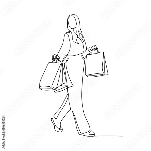 Continuous singe one line drawing art of happiness woman holding paper shopping bags. Vector illustration of shopper big sale consumerism sketch editable stroke