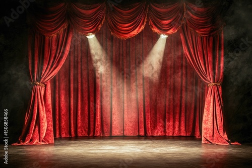 Red velvet theater stage with spotlights and fog