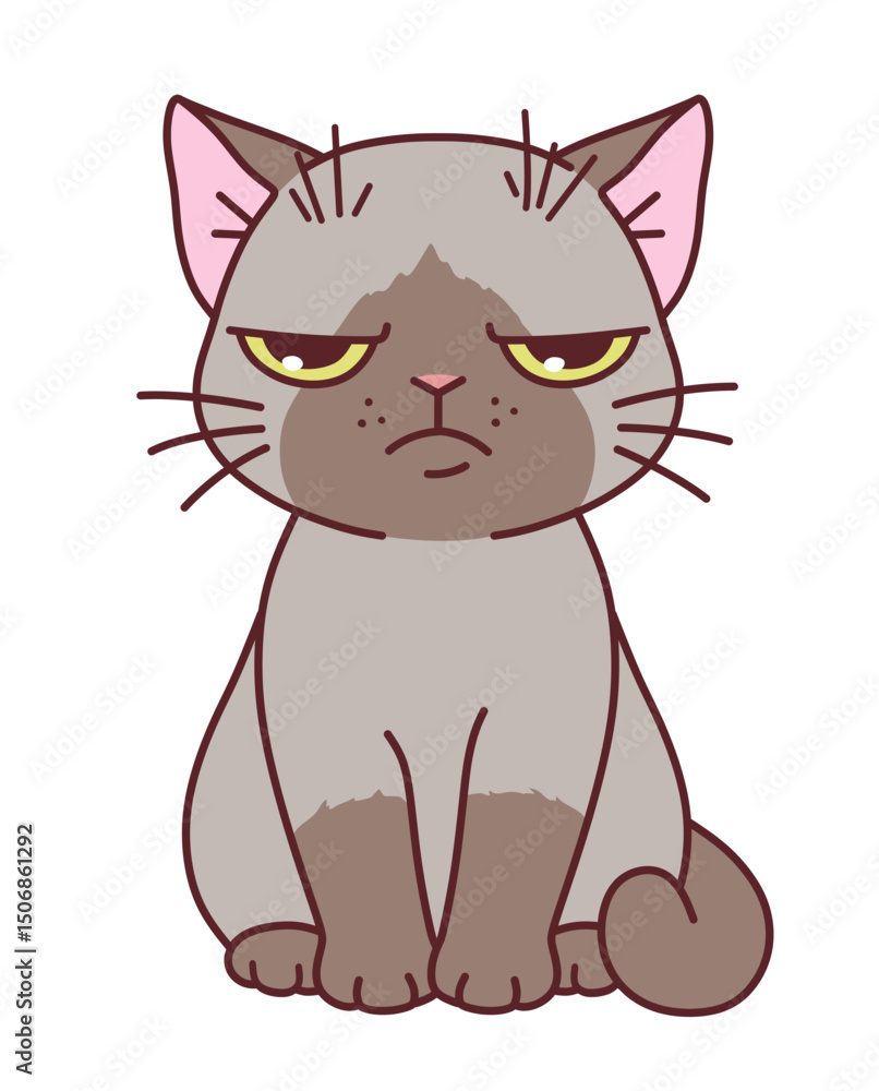 Fototapeta premium Sitting cartoon moody cat on a white background.