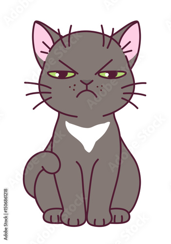 Cute cartoon angry dark gray cat on a white background.
