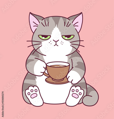 A cute cat with a moody face holds a cup of coffee and a saucer.