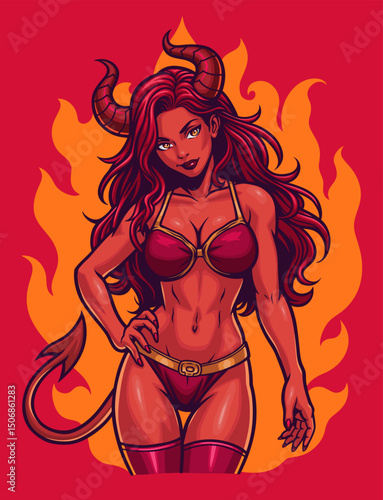 Young beautiful woman in devil suit on a flame background. Vector illustration.