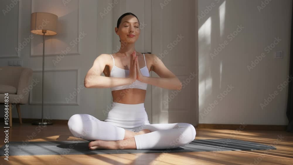 Making yoga gesture by hands, sitting in lotus pose. Young woman in fitness clothes is in the room.