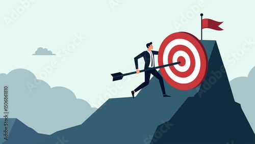 Businessman hitting a red target with an arrow on a mountain peak, symbolizing goal achievement and success