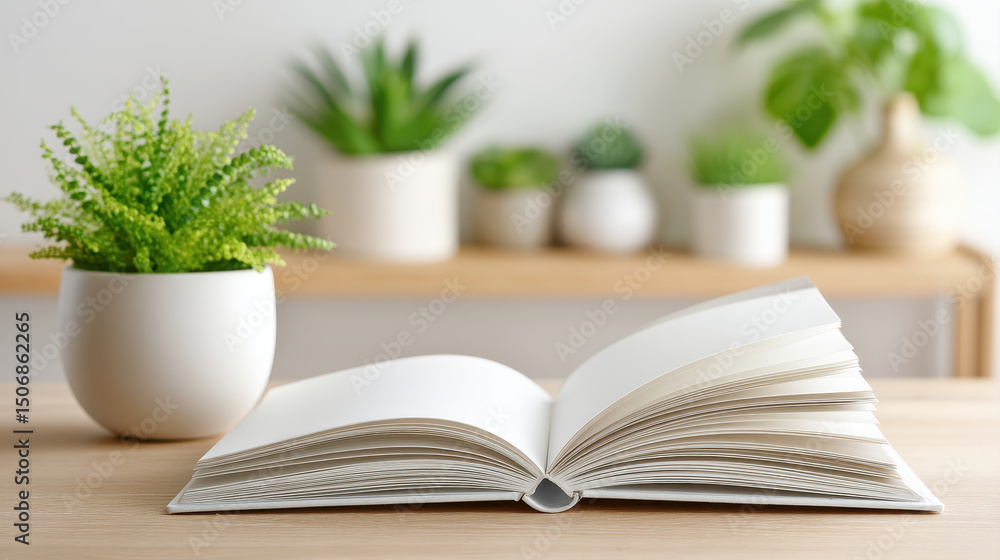 Open blank book on wooden table with green potted plants in white pots in soft focus background, peaceful and clean editorial scene Open blank book on wooden table with green potted plants in white pots in soft focus background, peaceful and clean editorial scene