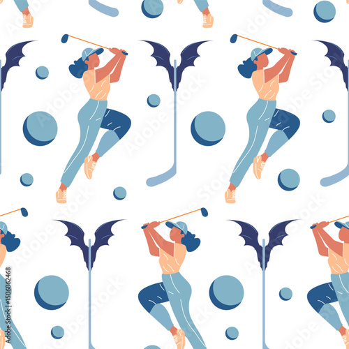 Seamless Pattern with Female Golfer and Golf Equipment. Woman Playing Golf Pattern with Clubs and Balls
