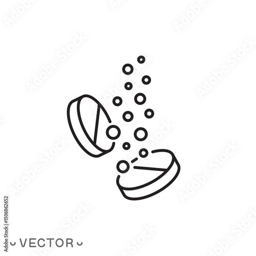 soluble tablet icon, vitamins or medicine concept, water bubbles, thin line symbol isolated on white background, editable stroke eps 10 vector illustration
