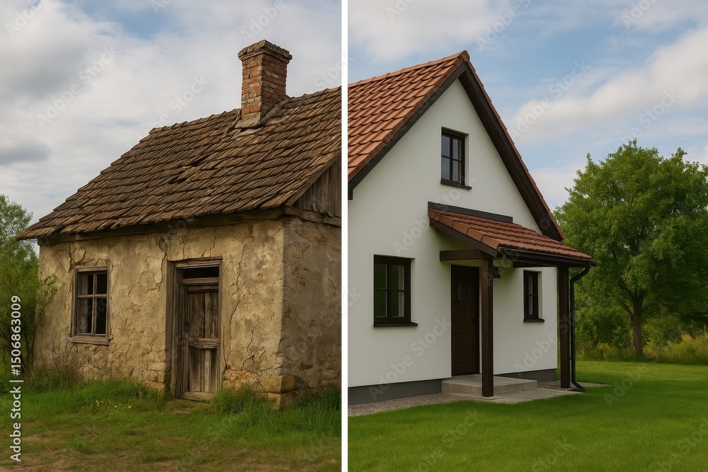 Run Down Country House Before After Renovation Construction Comparison Transformation Home Improvement Property Flipping Project Visualization Exterior View Concept Run Down Country House Before After Renovation Construction Comparison Transformation Home Improvement Property Flipping Project Visualization Exterior View Concept