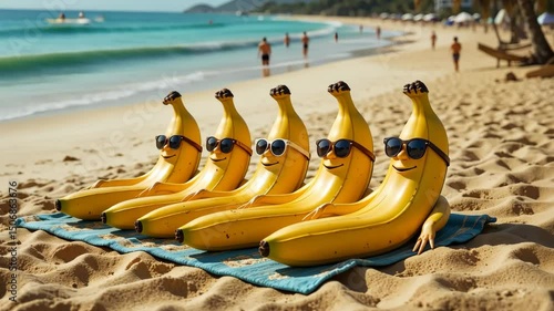 Row of funny bananas wearing sunglasses relaxing on sandy beach near ocean with people in background. Concept of playful summer humor and fruit personification