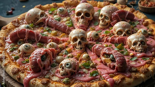 Terrifying pizza with human skulls and eyeballs as toppings on melted cheese and meat, close-up horror food concept. Concept of surreal and grotesque culinary art