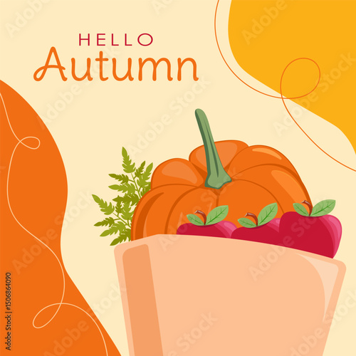 Autumn hello banner with pampkin and apples. Harvest, farm, agriculture, markets concept. Vector illustration.