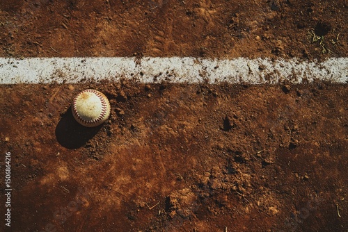 Baseball on dusty field, white baseline