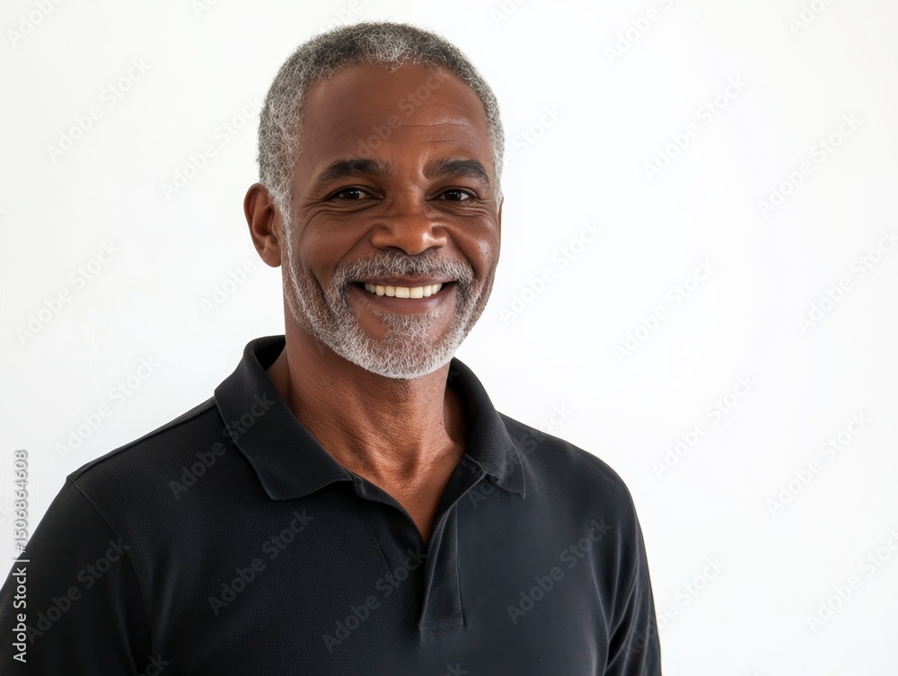Radiant Portrait of a Smiling African American Man with Gray Hair, Exuding Confidence and Happiness on a Clean White Backdrop, Full of Grace and Wisdom Radiant Portrait of a Smiling African American Man with Gray Hair, Exuding Confidence and Happiness on a Clean White Backdrop, Full of Grace and Wisdom