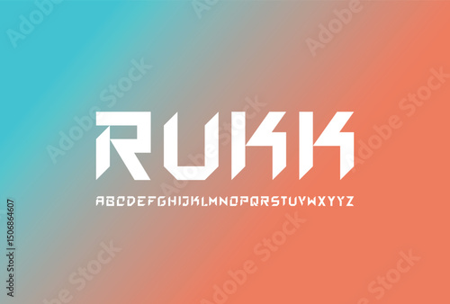RUKK Font. Bold Geometric Display Typeface with Sharp Edges and Brutal Style. Strong Masculine Capital Letters for Logos, Sports, and Modern Branding. Vector Illustration.
