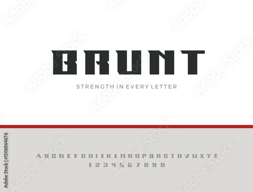 Brunt Font. Bold Geometric Display Typeface with Sharp Edges and Brutal Style. Strong Masculine Capital Letters for Logos, Sports, and Modern Branding. Vector Illustration.
