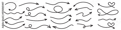 Arrows hand drawn vector set isolated on transparent background. Sketch arrow design for application, banner, print screen, pen marks, map and typography design guide line. Editable Stroke.