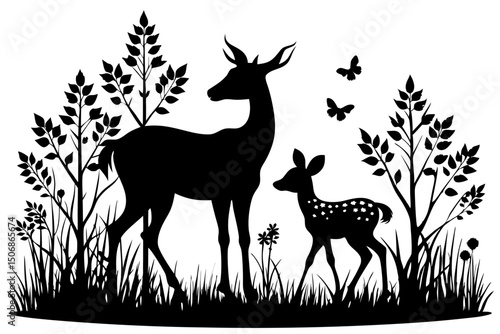 Deer Family Silhouette in Forest Clearing Elegant Wildlife Scene Isolated on White