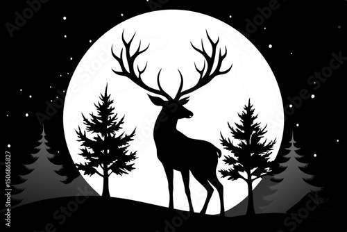 Deer Silhouette Amidst Winter Trees and a Full Moon Scene