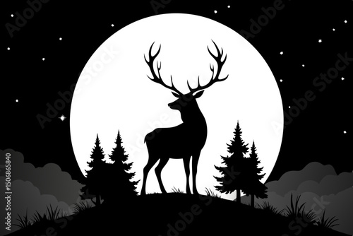 Deer Silhouette Under Moonlight Night Landscape with Majestic Antlers