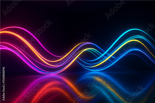 3d render. Abstract background of neon ribbon. Fluorescent lines glowing in the dark room with floor reflection. Fantastic panoramic wallpaper. Digital data transfer. Energy concept.
