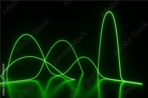 3d render, abstract wallpaper. Glowing neon green lines isolated on black background with floor reflection. Laser show, virtual digital data transfer.