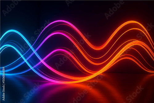 3d render. Abstract background of neon ribbon. Fluorescent lines glowing in the dark room with floor reflection. Fantastic panoramic wallpaper. Digital data transfer. Energy concept.