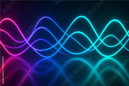 3d render. Abstract background of neon ribbon. Fluorescent lines glowing in the dark room with floor reflection. Fantastic panoramic wallpaper. Digital data transfer. Energy concept.