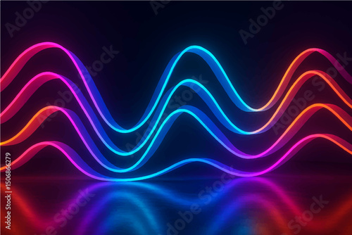 3d render. Abstract background of neon ribbon. Fluorescent lines glowing in the dark room with floor reflection. Fantastic panoramic wallpaper. Digital data transfer. Energy concept.