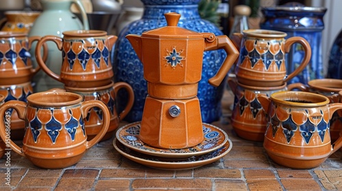 Vintage Orange Moka Pots Stacked Stylish Kitchen Decor HD 8k wallpaper photographic image