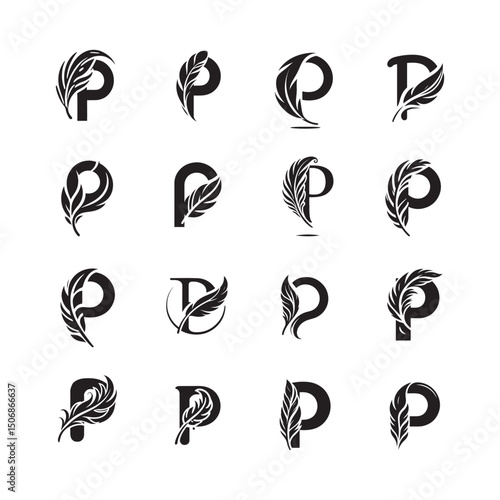 Set of letter P logos with feather shapes, elegant feather letter P vector symbols, abstract creative P alphabet logo design for modern branding
