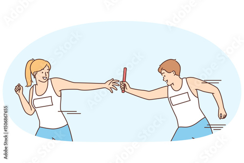 Man giving relay race to woman competing in team sport doing timed exercise