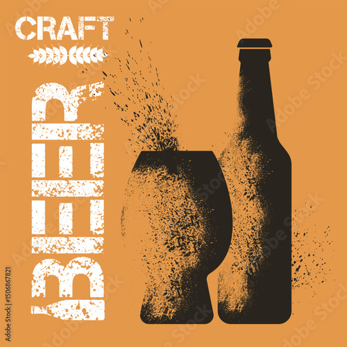Craft beer, pub banner, spray design, splashes. Beer bottle, glass, vintage style, lager, drink party