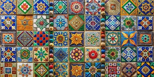 Vibrant Mosaic Tile Wall Colorful Square Pattern, Hand-Painted Design, Floral Motifs, Talavera Inspired, Mexican Art Talavera, Mexican Tiles