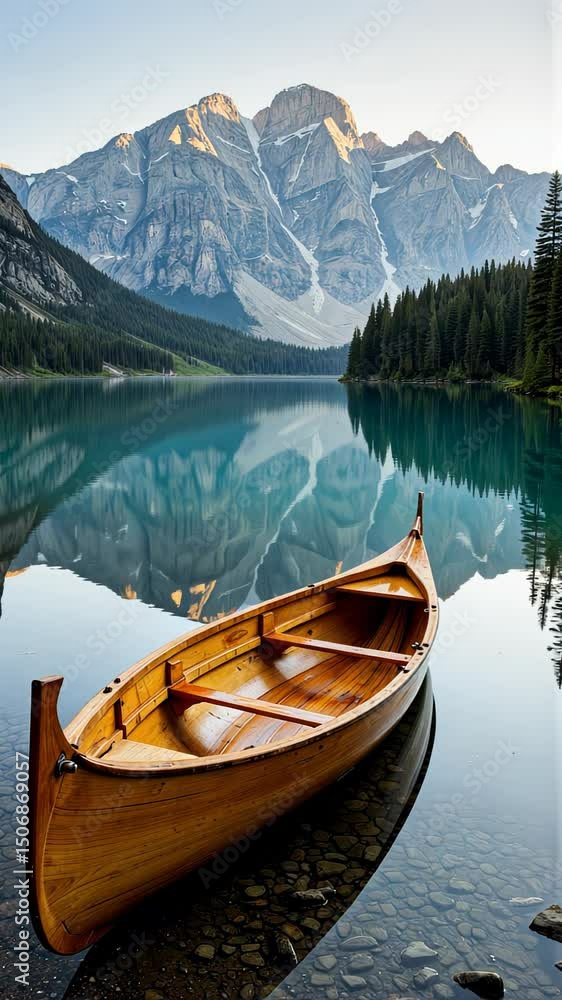 Canoe on calm lake reflecting mountains at sunrise in nature Canoe on calm lake reflecting mountains at sunrise in nature