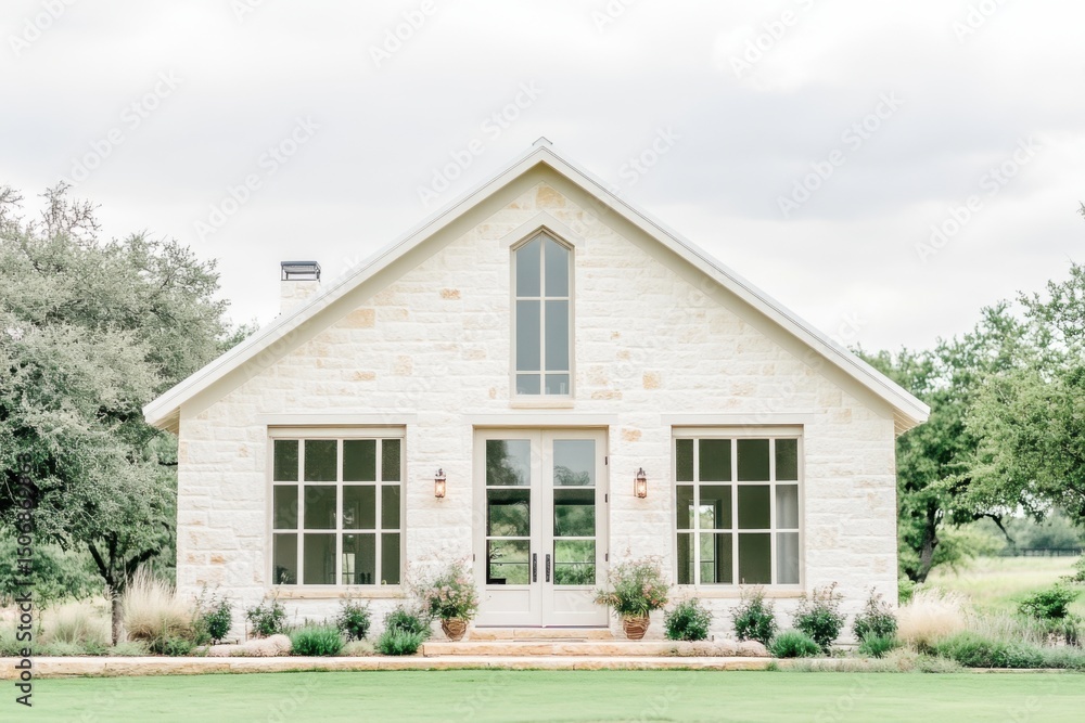 Obraz premium Elegant stone house with large windows surrounded by greenery on a cloudy day in the countryside, exuding charm and tranquility