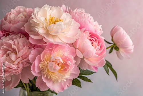 Peony bouquet detailed macro view featuring pink and white flowers