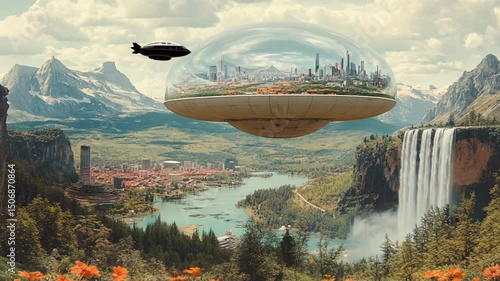 Floating dome city over a lush valley with waterfalls in cutout collage. Retro Cutout Collage Style