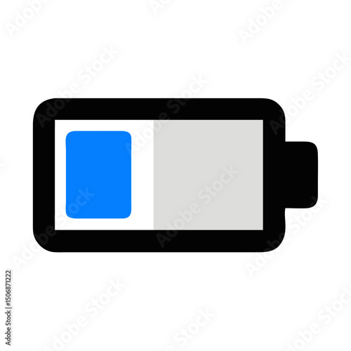 Minimalist battery icon showing low charge on White Background