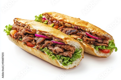 Delicious grilled meat sub sandwich isolated on white background