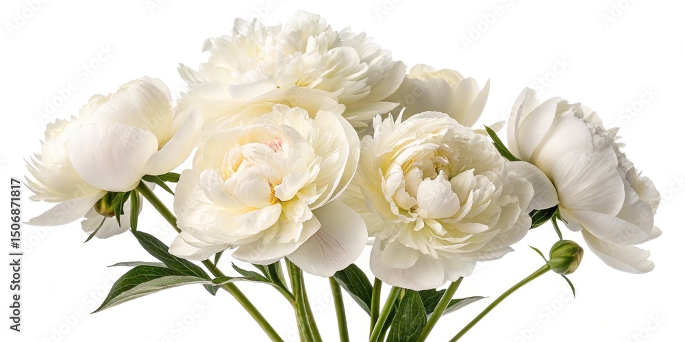White duchesse de nemours peonies blooming in macro view