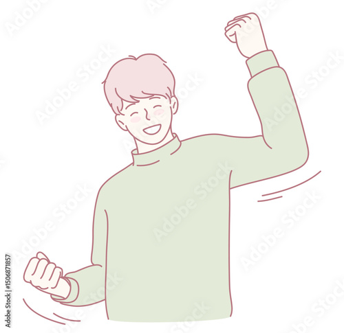 A cheerful young man is vividly expressing his happiness and triumph through an exuberant and joyful pose