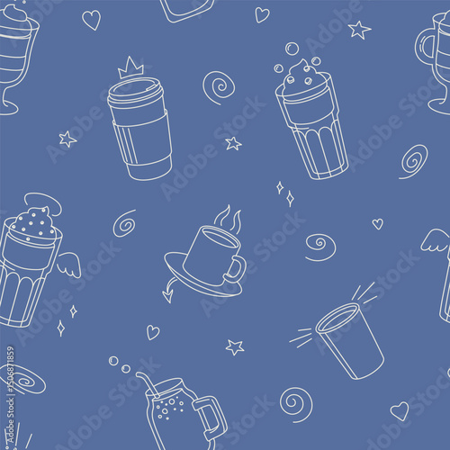 Coffee cup seamless pattern with doodles. Flat style coffee wallpaper template. Cup of hot drink ornament