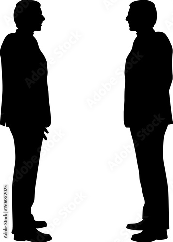 A mirrored silhouette image of the same man in a suit facing opposite directions. One side shows the profile looking left, the other looking right, symmetrical and balanced on a white background.