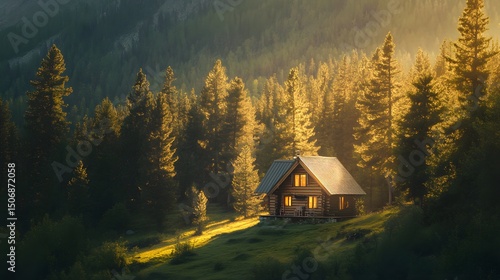 A peaceful mountain retreat cabin surrounded by pine trees during golden hour