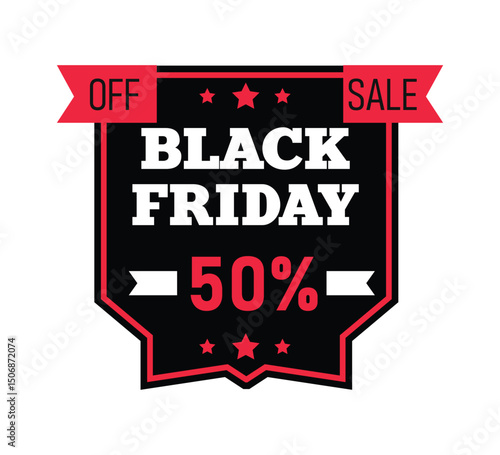 A striking promotional banner announces a Black Friday sale offering 50 percent off. The design features bold typography in black and white with red accents and stars for emphasis.