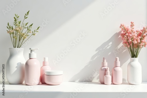 Clean, minimalist white backdrop for cosmetic display, scene, background, minimal