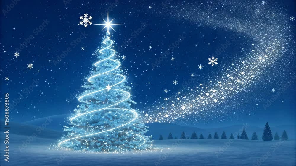 Magical Christmas Tree in a Winter Wonderland Under a Starry Sky with Snowflakes and a Trail of Sparkling Stars Magical Christmas Tree in a Winter Wonderland Under a Starry Sky with Snowflakes and a Trail of Sparkling Stars